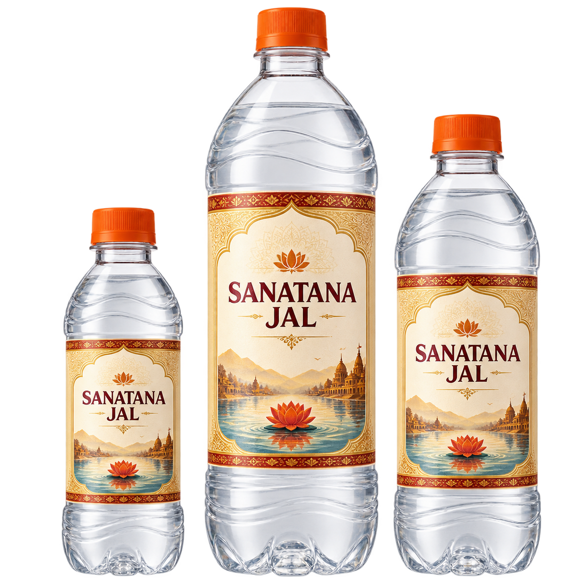 Sanatana Jal bottle-size comparison — illustrative mockup, not a mixed-size pack