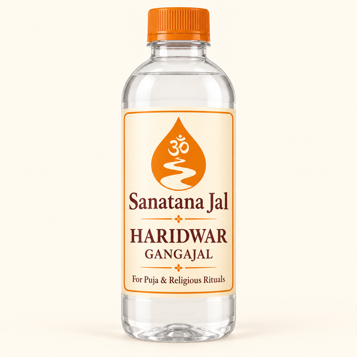 Sanatana Jal haridwar labelled bottle — illustrative packaging mockup